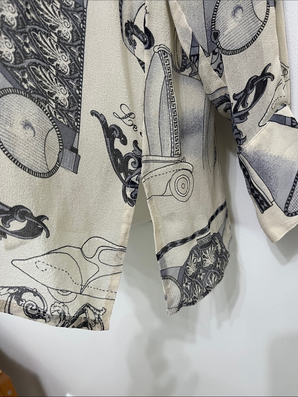 Women's Cream Silk Racing Patterned Button-Up Blouse - Picture 4 of 9